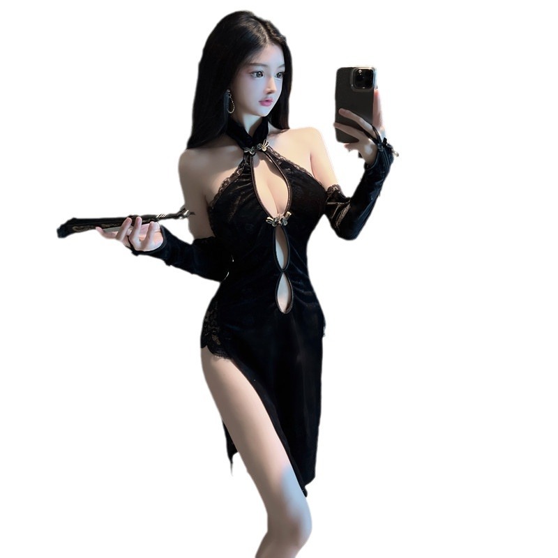 섹시 섹시 란제리로 등이 훤히 드러나는 트임 치파오 캐릭터 복고풍 치파오 세트녀를 유혹한다