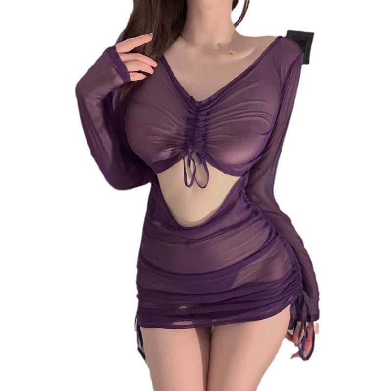 섹시한 속옷의 여자 제복 섹시한 자주색 망사 시스루 잠옷으로 힙 스커트를 덮어 줄무늬 주름