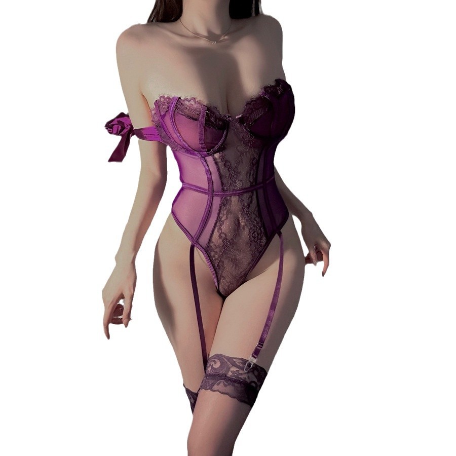 섹시한 속옷 섹시한 자줏빛 레이스 스타킹 순수한 제복 정장 잠옷을 벗지 마세요