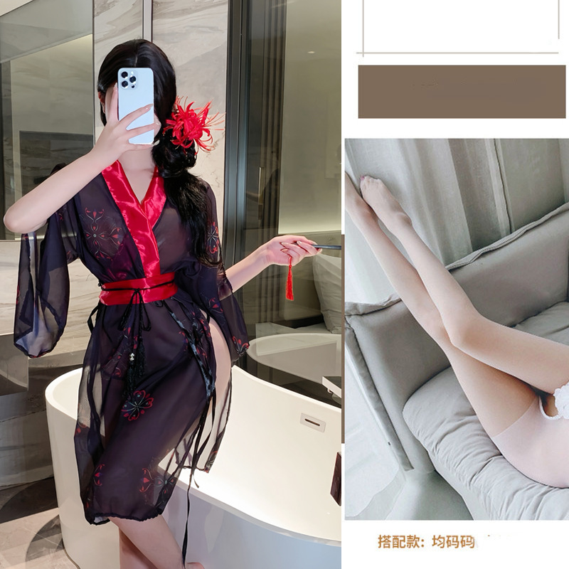 섹시 란제리 제복 섹시하고 시크한 잠옷, 가운 가운, 속이 훤히 비치는 기모노 제복