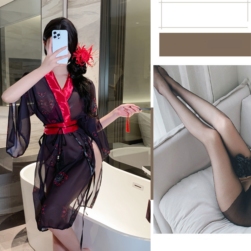섹시 란제리 제복 섹시하고 시크한 잠옷, 가운 가운, 속이 훤히 비치는 기모노 제복