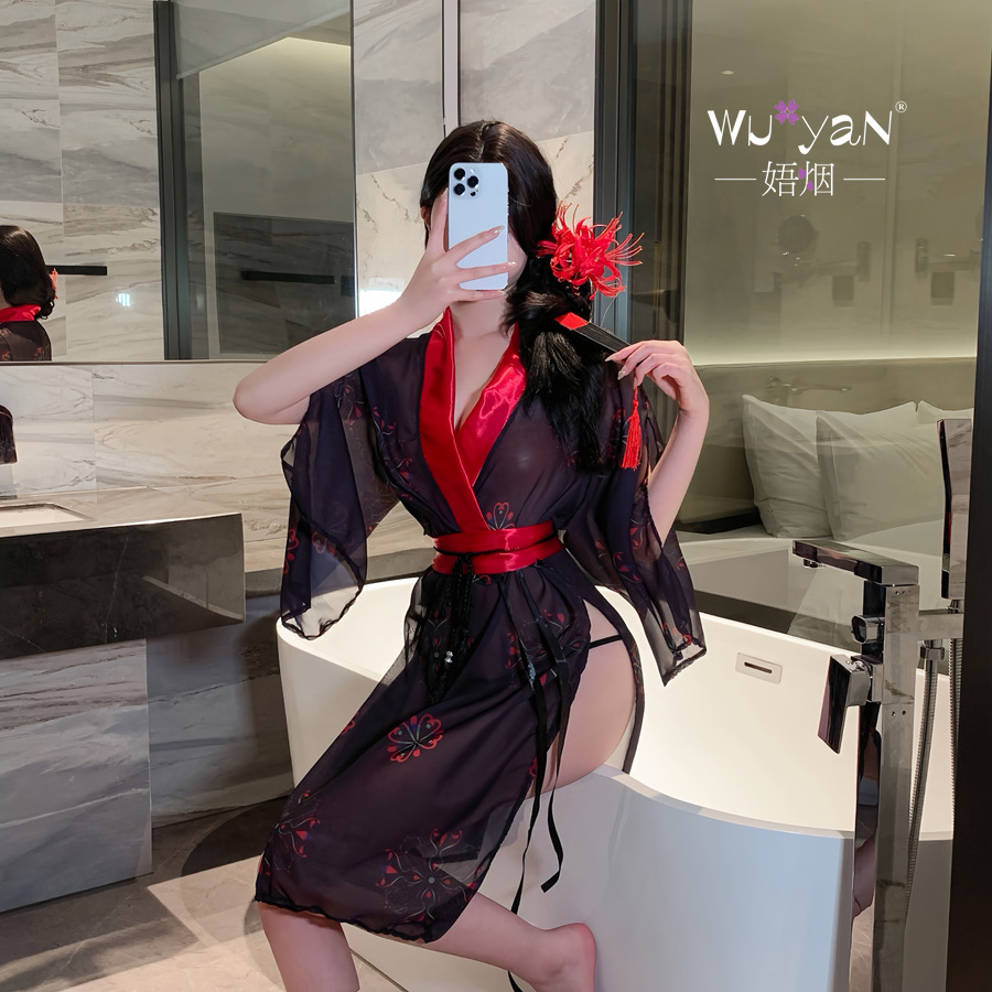 섹시 란제리 제복 섹시하고 시크한 잠옷, 가운 가운, 속이 훤히 비치는 기모노 제복