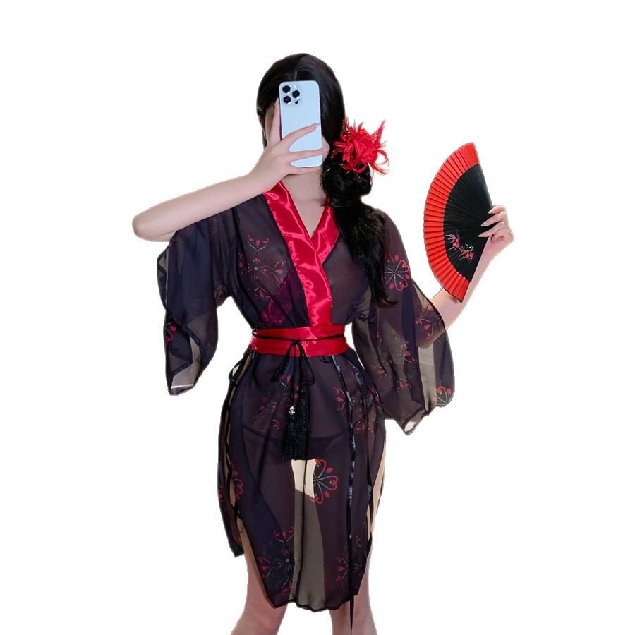 섹시 란제리 제복 섹시하고 시크한 잠옷, 가운 가운, 속이 훤히 비치는 기모노 제복