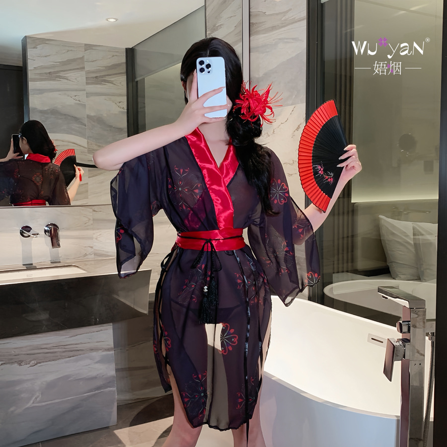 섹시 란제리 제복 섹시하고 시크한 잠옷, 가운 가운, 속이 훤히 비치는 기모노 제복