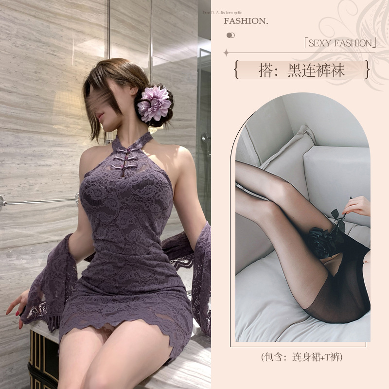 섹시하고 새로운 중국식 단추 모양의 레이스 차이나 치파오 순정풍 핫걸 자주색 칼라 란제리