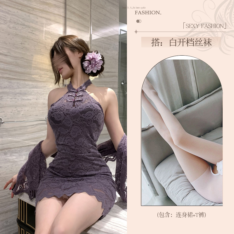 섹시하고 새로운 중국식 단추 모양의 레이스 차이나 치파오 순정풍 핫걸 자주색 칼라 란제리