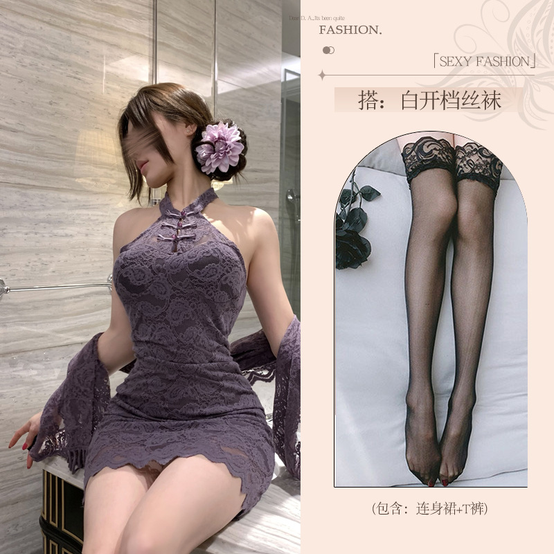 섹시하고 새로운 중국식 단추 모양의 레이스 차이나 치파오 순정풍 핫걸 자주색 칼라 란제리