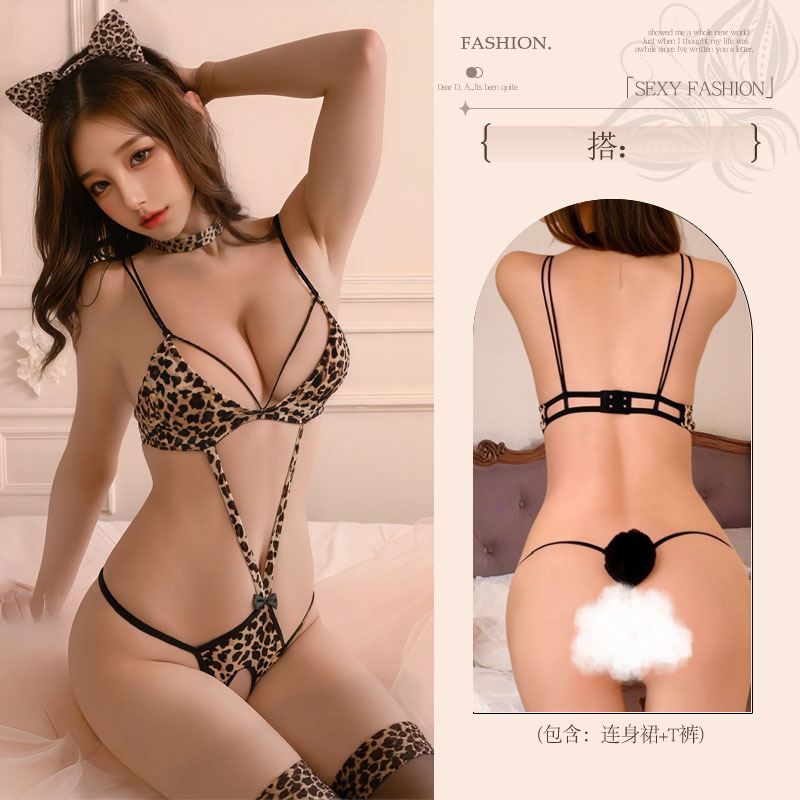 섹시 란제리를 착용하는 금욕 레오파드 스타일 가슴 작은 섹시한 파자마 커플 섹시 유니폼