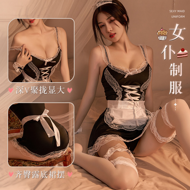 섹시 라지 사이즈 파자마 배주머니 메이드 룩 섹시 란제리 유니폼 롤플레어 등이 보이는 통통한 치마스커트