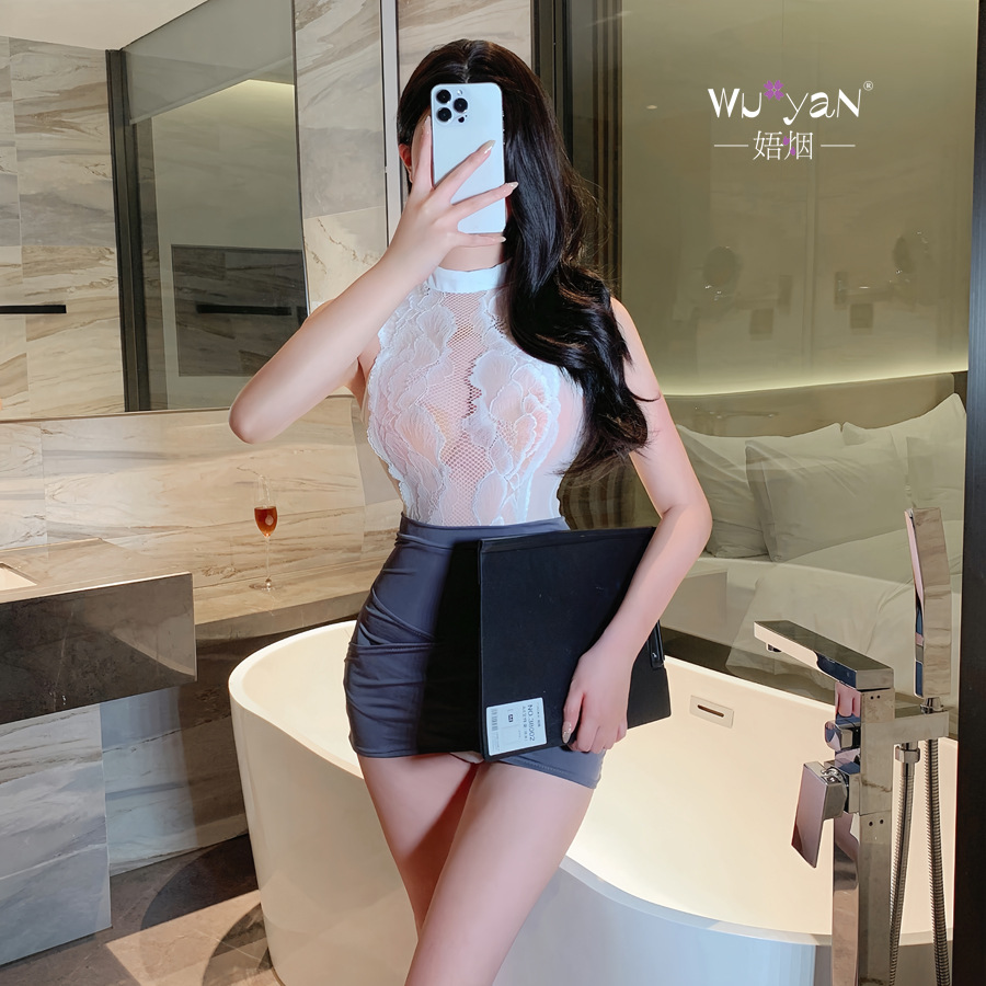 섹시한 속옷 순 비서룩에 힙 스커트를 감싸는 시스루 레이스 유니폼 탈탈 유혹의 유니폼 세트