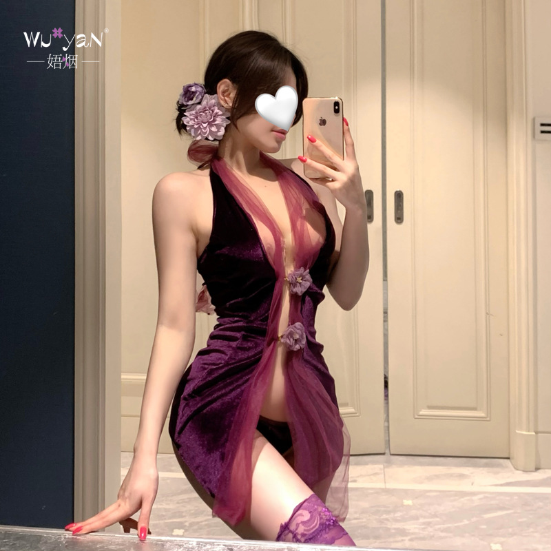 섹시 속옷 순 섹시 희롱녀 금욕 정서 제복 작은 가슴 자색 치파오 유혹한다