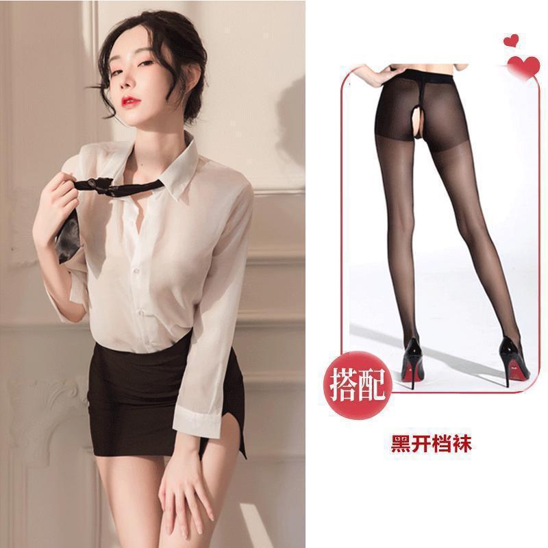 섹시한 속옷 섹시한 흰 셔츠에 엉덩이를 감싸는 타이트한 비서 유니폼 시스루 글래머 파자마