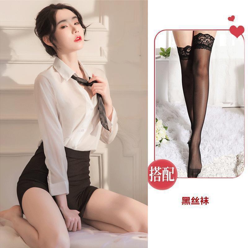 섹시한 속옷 섹시한 흰 셔츠에 엉덩이를 감싸는 타이트한 비서 유니폼 시스루 글래머 파자마