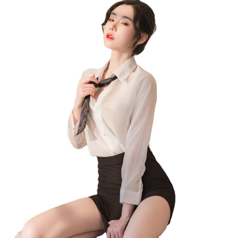 섹시한 속옷 섹시한 흰 셔츠에 엉덩이를 감싸는 타이트한 비서 유니폼 시스루 글래머 파자마