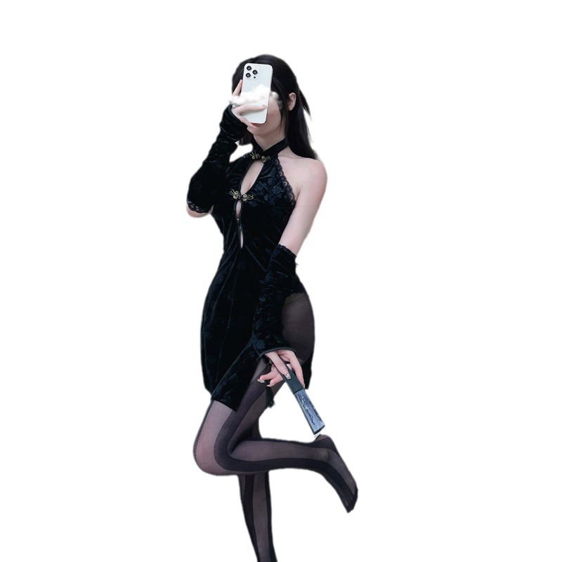 클라이맥스 란제리 클래식한 하이 트임 치파오 깊은 v 젖이 드러나는 qqny 유니폼 유혹 민국풍의 섹시한 잠옷