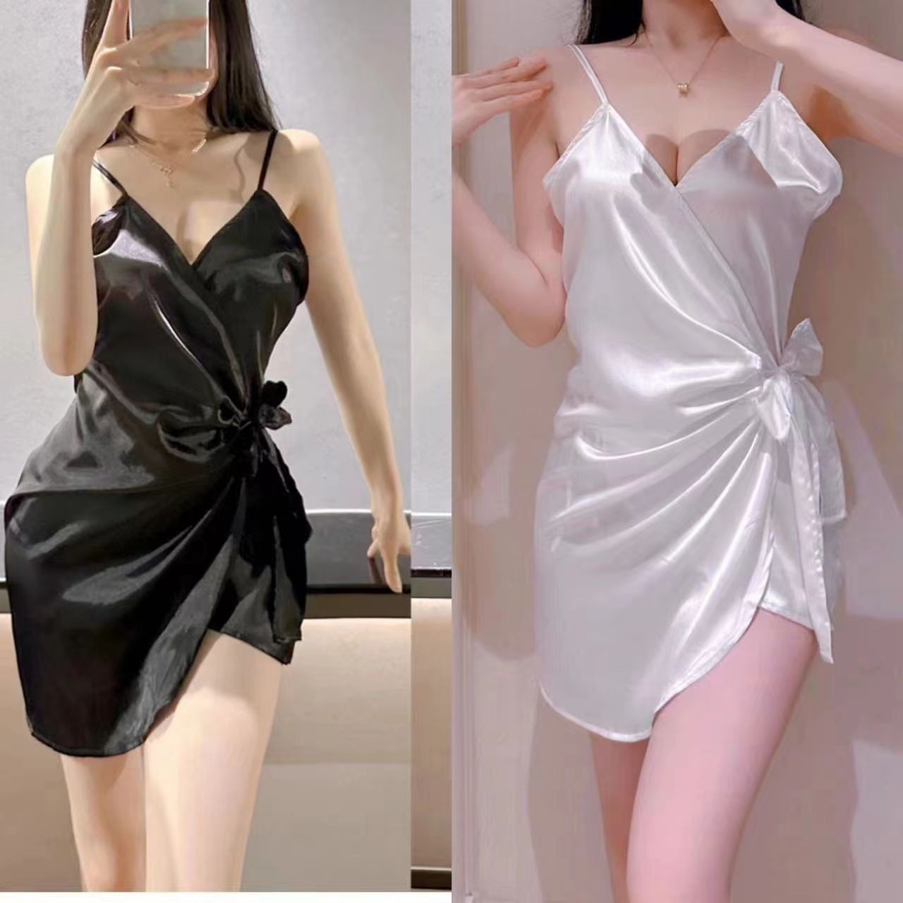 情趣内衣 女 纯欲 性感 V领 修身 褶皱 吊带 纯欲 复古 缎面 拼接