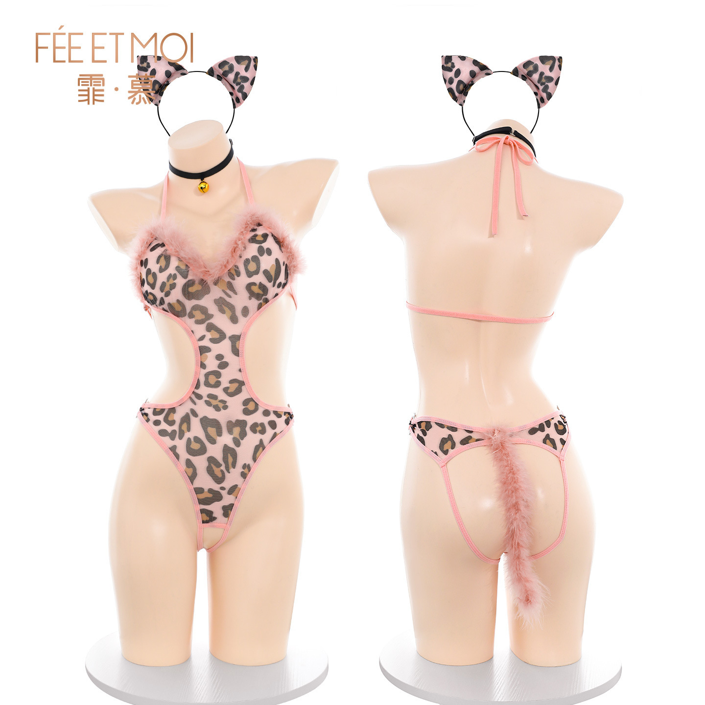 霏慕情趣内衣桃色豹纹性感露臀连体衣开档露臀调情免脱套装6311