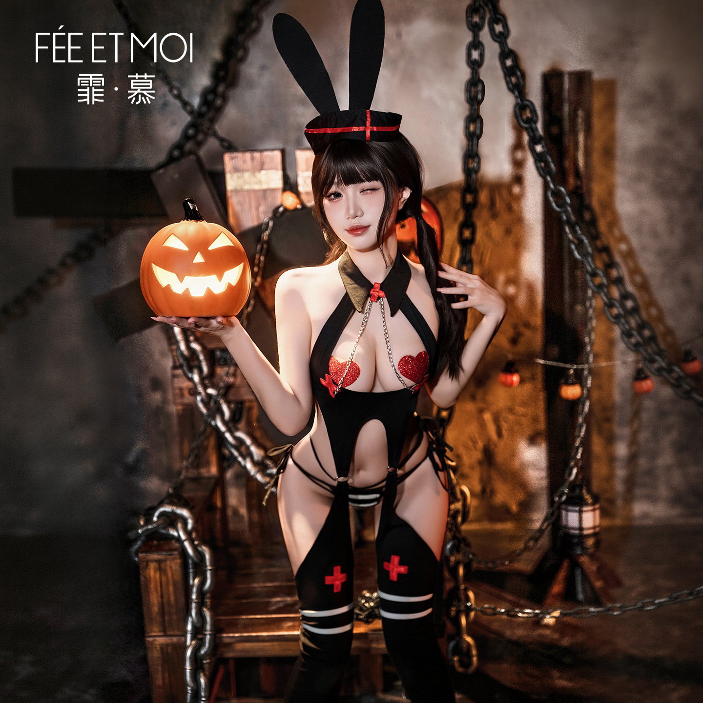 섹시 속옷 할로윈 코스 토끼 간호사 제복 섹시 점프슈트 가슴 노출