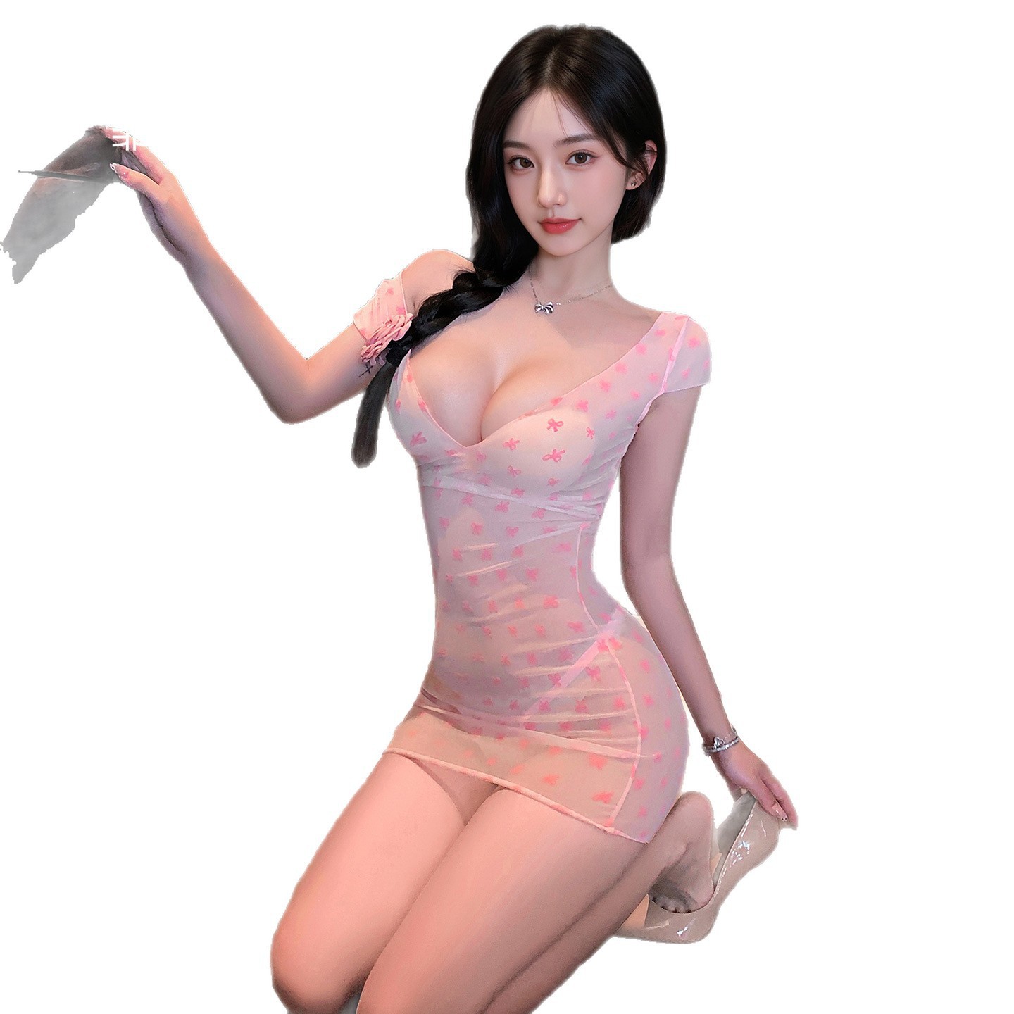 섹시한 브래지어 핑크색의 달콤한 드롭숄더 슬립 섹시한 브이 가슴이 드러나는 섹시한 시스루 잠옷