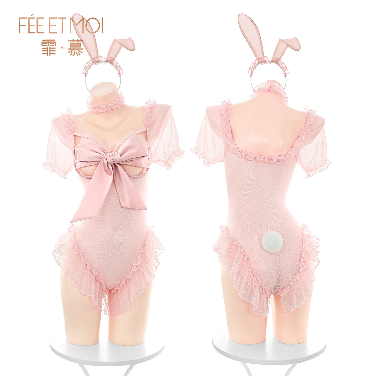 섹시 언더웨어로 밑단이 트인 섹시한 토끼녀 점프슈트 스틸 링 가슴선이 드러나는 투명 시스루