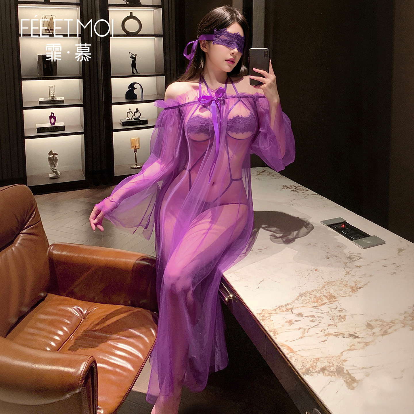 섹스 란제리 보라색 몽롱한 시스루 가랑이 정장 섹시 치렁치렁한 가슴이 드러나는 잠옷