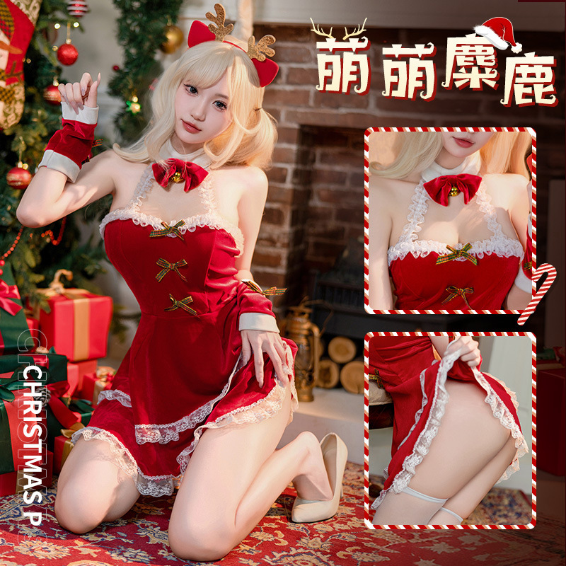 감성 란제리 크리스마스 세트 벨벳 튜브탑 슬리브 누드 홀터넥 섹시한 잠옷