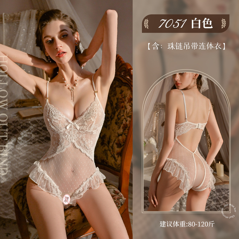 섹시 란제리 프렌치 레이스 진주 오픈 점프수트 섹시한 시스루 파자마