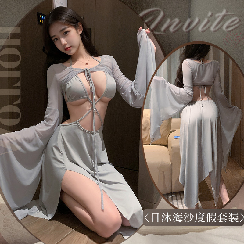 해변의 섹시 리조트 브라 투피스 슬립 섹스 란제리 가슴을 드러내고 유혹하다