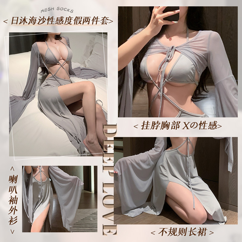 해변의 섹시 리조트 브라 투피스 슬립 섹스 란제리 가슴을 드러내고 유혹하다