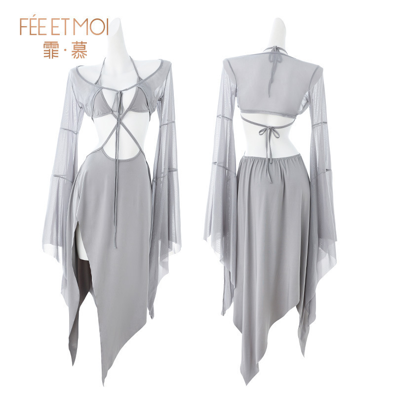 해변의 섹시 리조트 브라 투피스 슬립 섹스 란제리 가슴을 드러내고 유혹하다