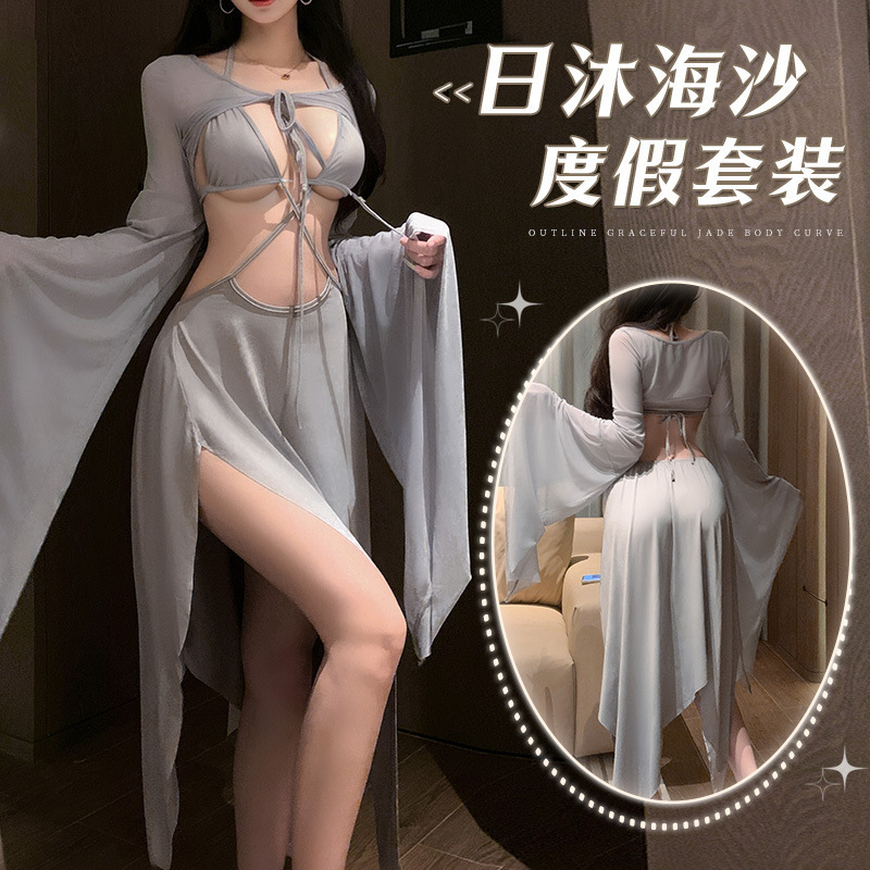 해변의 섹시 리조트 브라 투피스 슬립 섹스 란제리 가슴을 드러내고 유혹하다