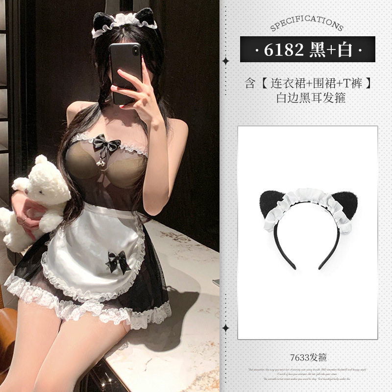 귀여운 메이드 cos 시스루 탑 원피스 세트 유니폼 섹시한 속옷 섹시 섹시