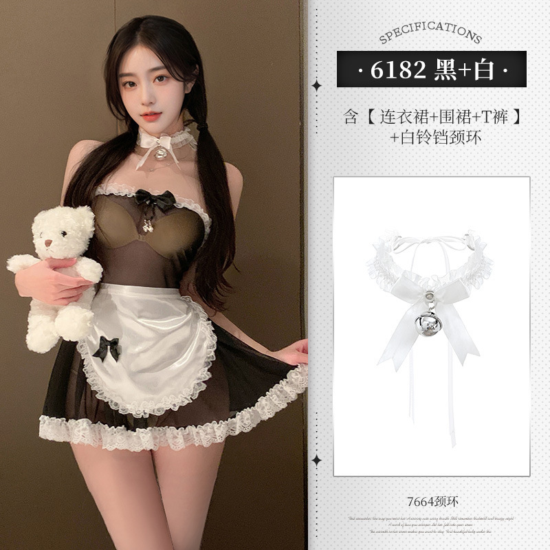 귀여운 메이드 cos 시스루 탑 원피스 세트 유니폼 섹시한 속옷 섹시 섹시