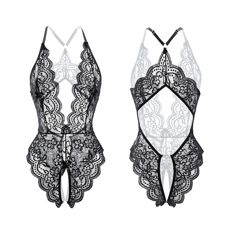 깊은 브이슬 레이스 시스루 파마 점프슈트 유니폼 섹시한 속옷 누드로 엉덩이를 드러냈다