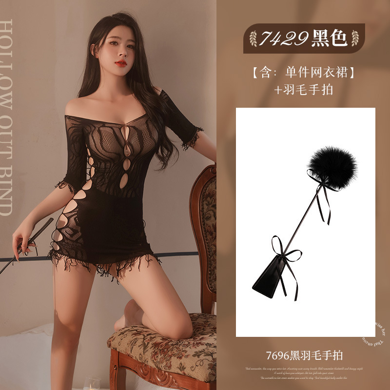 일자 숄더 자카드 펀칭 그물 섹시 언더웨어 원피스로 섹시하게 성인 유혹