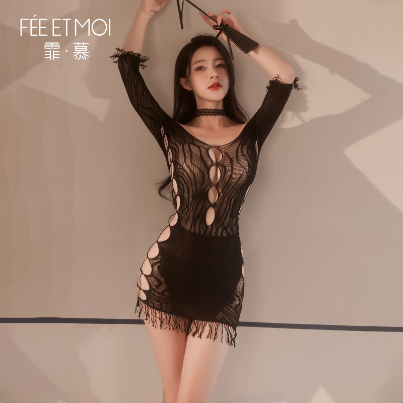 일자 숄더 자카드 펀칭 그물 섹시 언더웨어 원피스로 섹시하게 성인 유혹