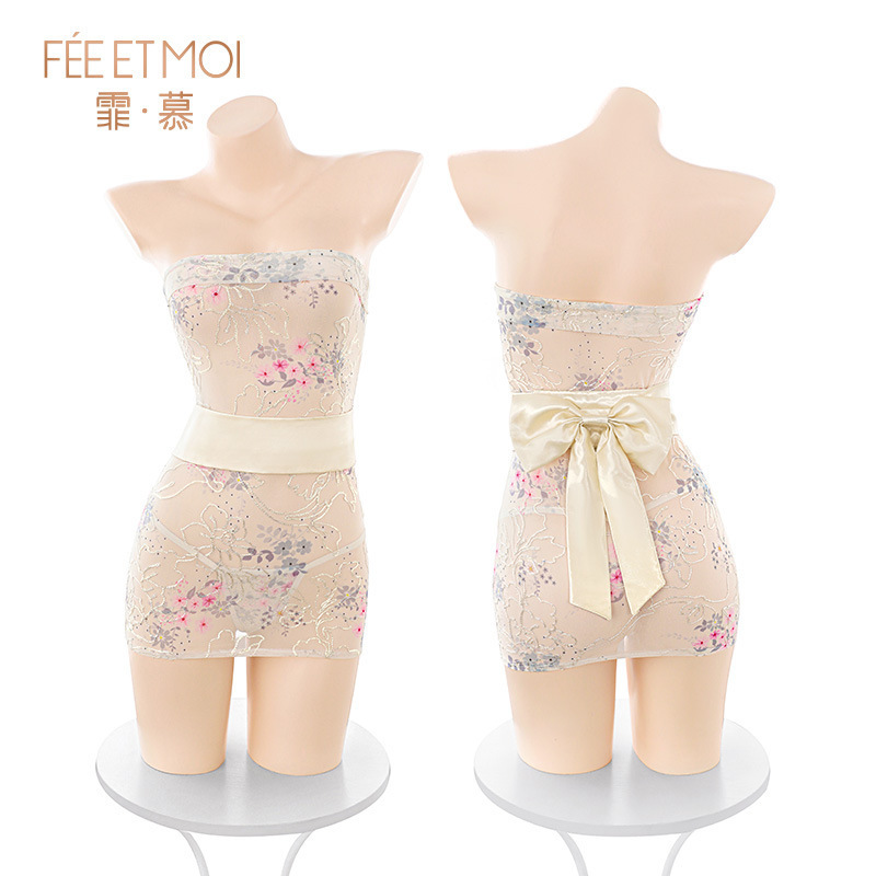 튜브톱 자수 프린트 시스루 기모노 세트 6274 섹시 언더웨어 힙 커버 유니폼