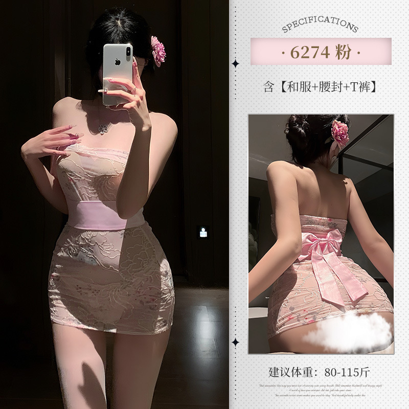 튜브톱 자수 프린트 시스루 기모노 세트 6274 섹시 언더웨어 힙 커버 유니폼