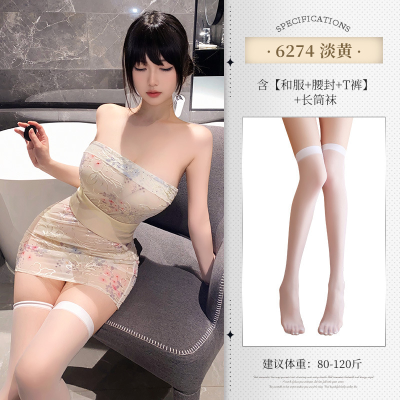 튜브톱 자수 프린트 시스루 기모노 세트 6274 섹시 언더웨어 힙 커버 유니폼