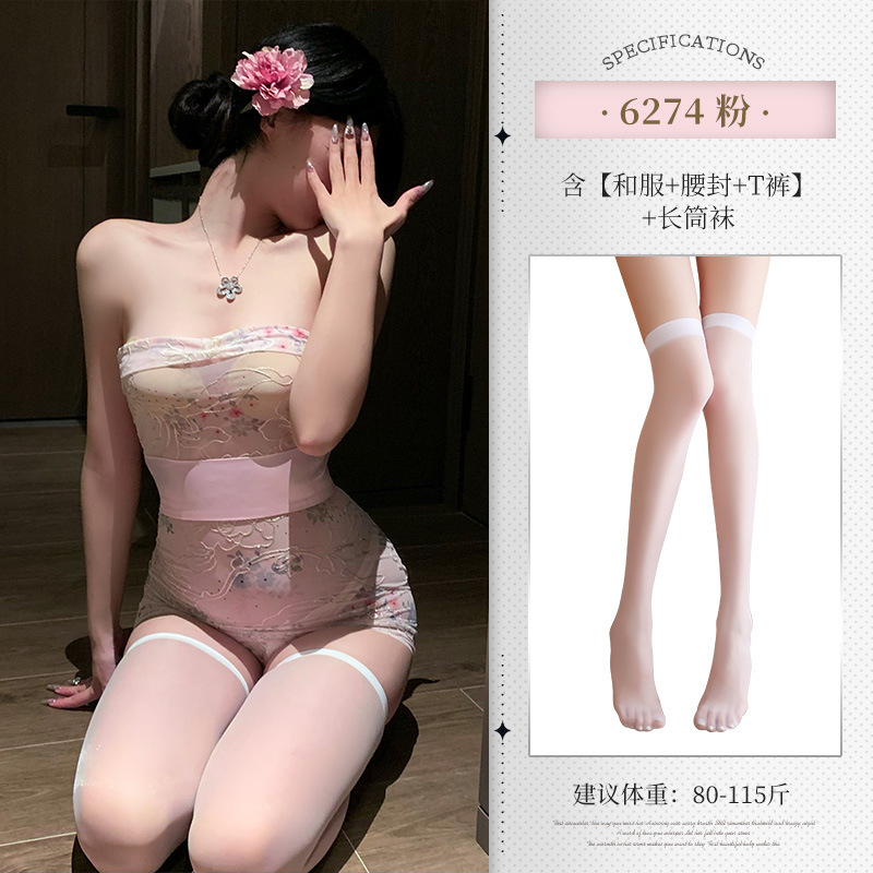 튜브톱 자수 프린트 시스루 기모노 세트 6274 섹시 언더웨어 힙 커버 유니폼