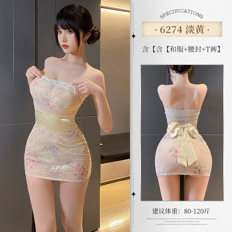 튜브톱 자수 프린트 시스루 기모노 세트 6274 섹시 언더웨어 힙 커버 유니폼