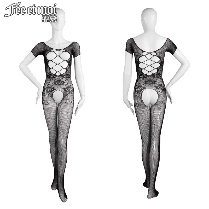 섹시 란제리 여성용 투명 펀칭 자카드 오픈 실크 스타킹 블랙 망사 7509