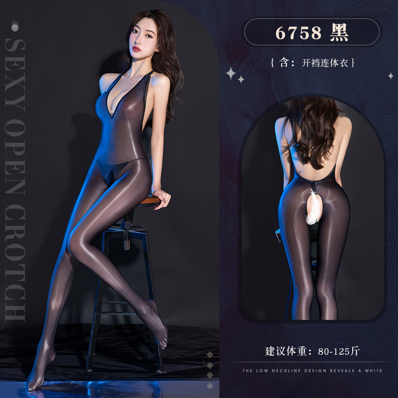 깊은 브이 슬림한 유광 오픈 가랑이 점프슈트 섹시한 속옷 섹시한 유니폼 유혹