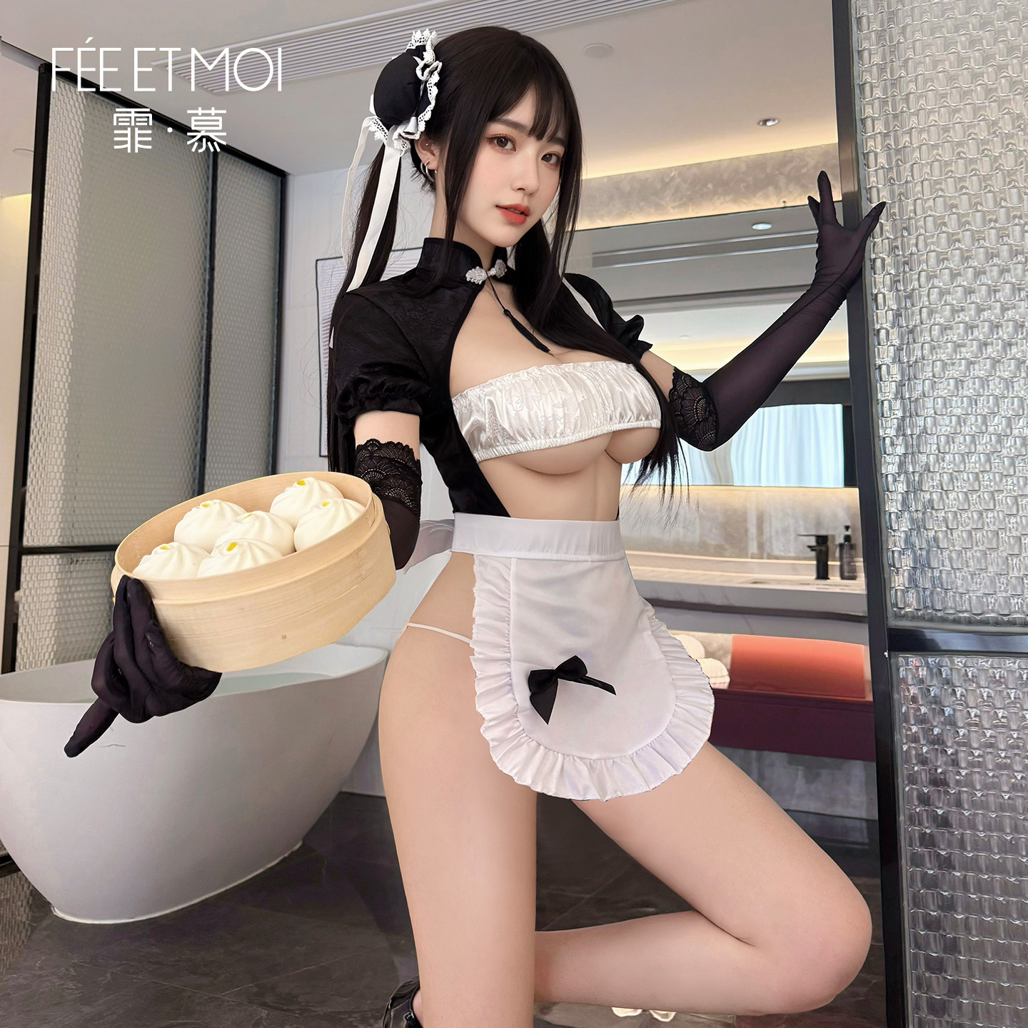 중국식 치파오 칼라 메이드 앞치마 섹시한 가슴 블라우스 점프슈트 분위기 내의