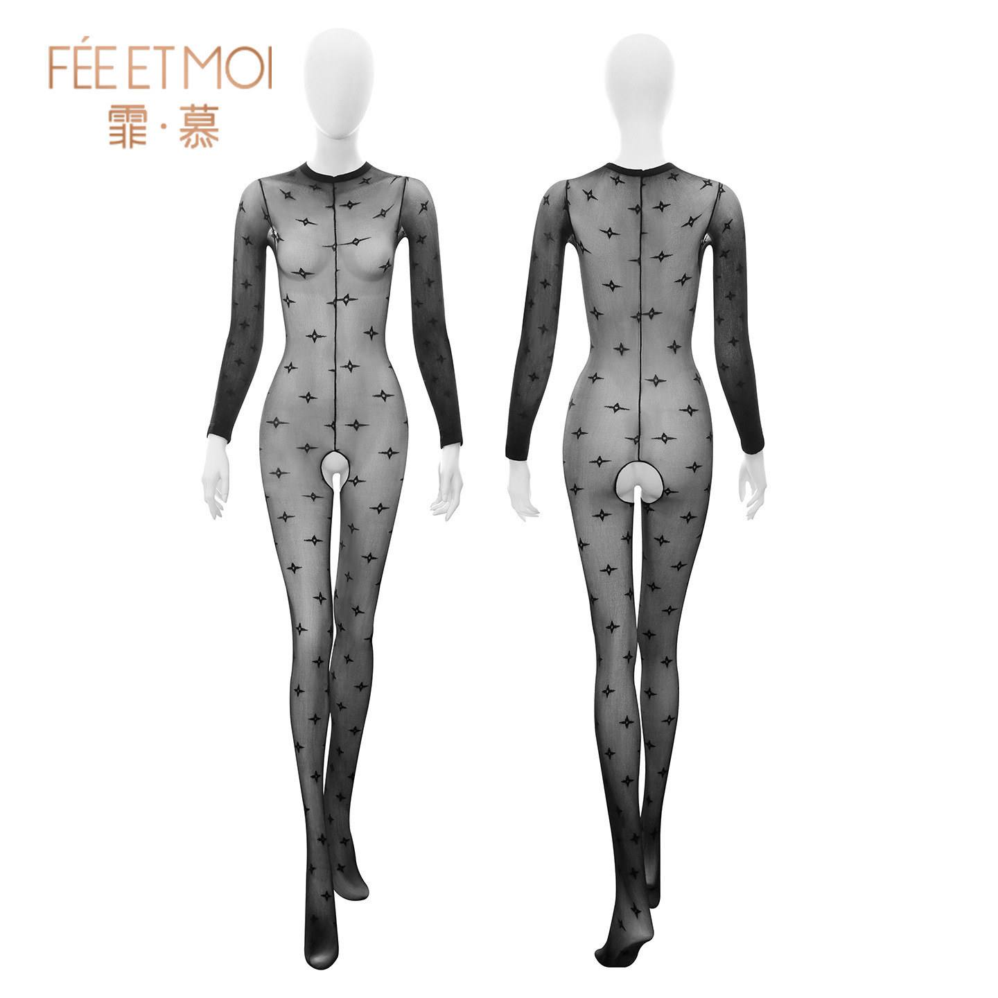 망홍 스타일에 슬림한 시스루 밑단오픈 자카드 원피스 스타킹으로 블랙 실크를 벗지 않고 섹시한 속옷을 매치했다