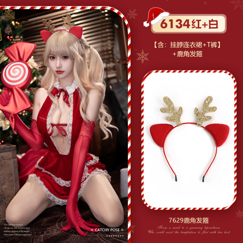 섹시한 속옷크리스마스 브이 가슴이 드러나는 원피스 섹시하고 히프가 살짝 드러나는 스타일링