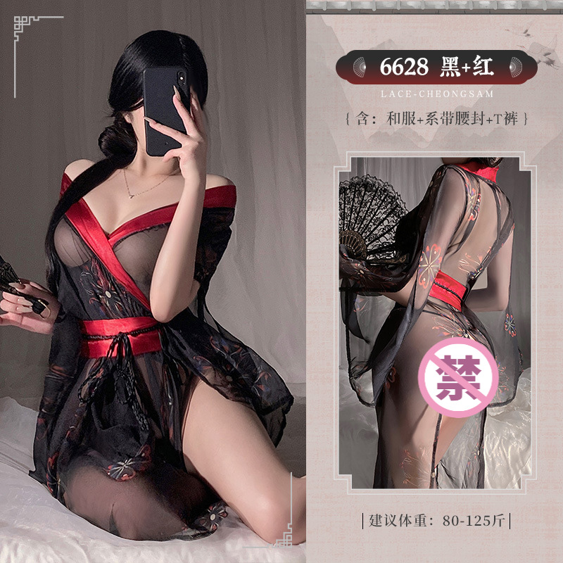 일본식 프린트 기모노 세트로 시스루 시스루 히프가 드러나는 6628 섹시 란제리를 유혹합니다