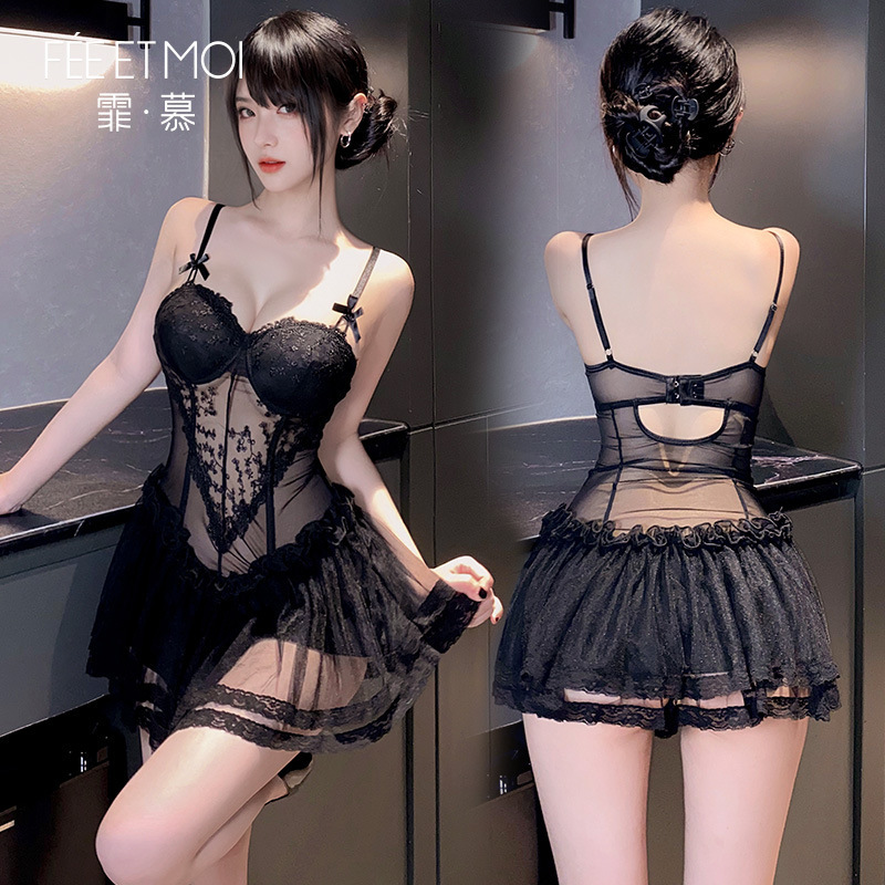 레이스 와이어 코르셋 베스트 스커트 섹시 언더웨어 룩 세트