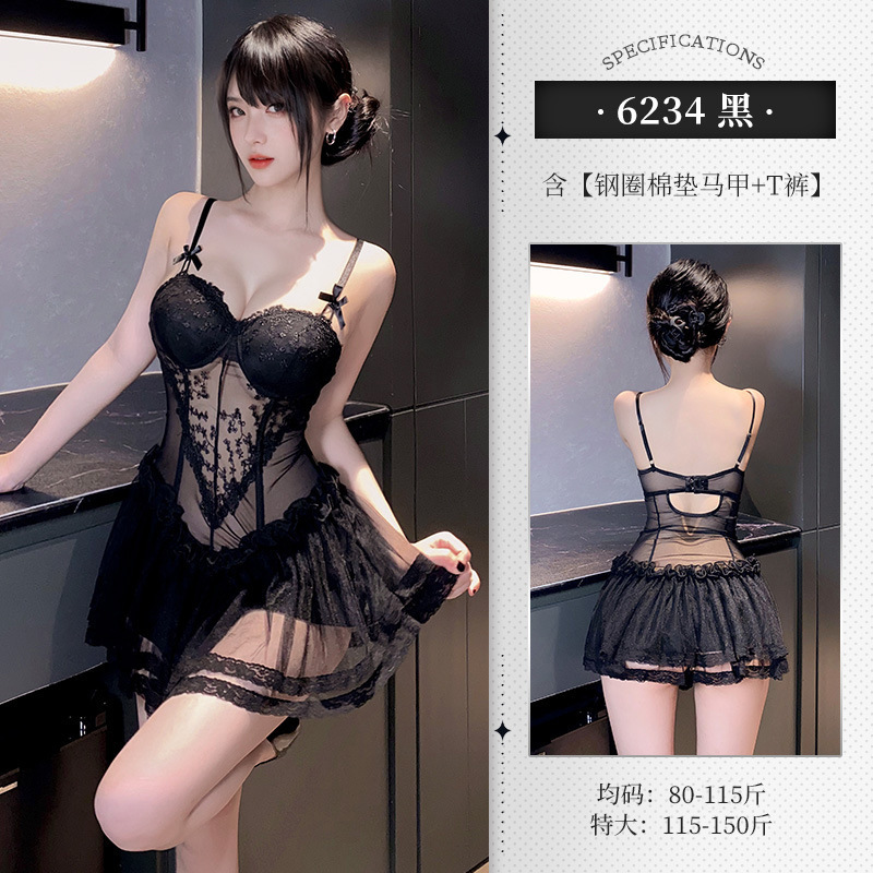 레이스 와이어 코르셋 베스트 스커트 섹시 언더웨어 룩 세트