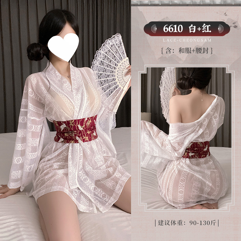 섹시한 속옷 가슴 드러나는 기모노 세트 섹시 시스루 잠옷의 유혹